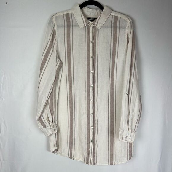 Jones New York 100% Linen White Striped Long Sleeve Tunic Button Down Up Women’s - Picture 7 of 16